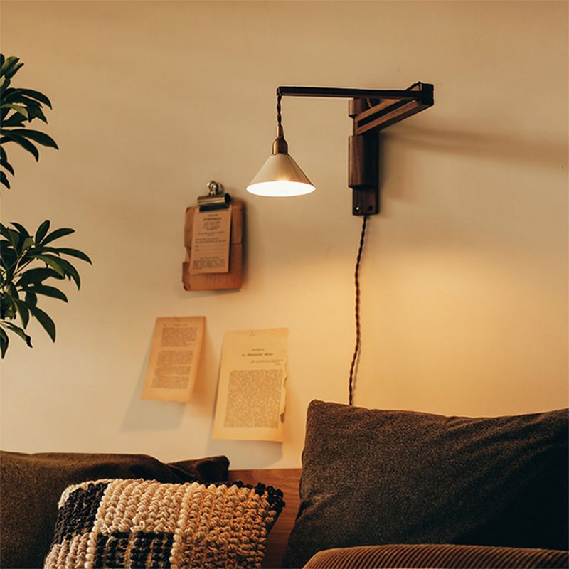Retro Style Wood Wall Light Metal Shade Fold Wall Sconce for Living Room