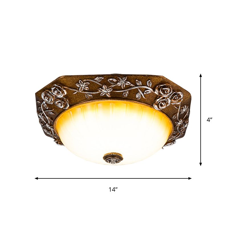 Milky Fluted Glass Round Flush Mount Traditional Dining Room LED Ceiling Light Fixture with Carving Bloom Decor in Brown, 14"/16" Wide