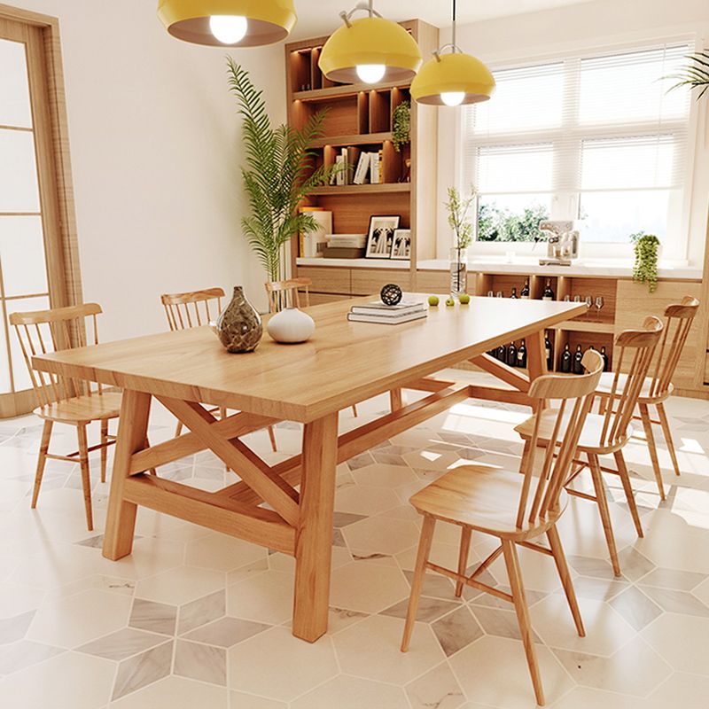 Eenvoudige dennen vaste houten eettafel rechthoekige tafel in houten kleur met vier veter