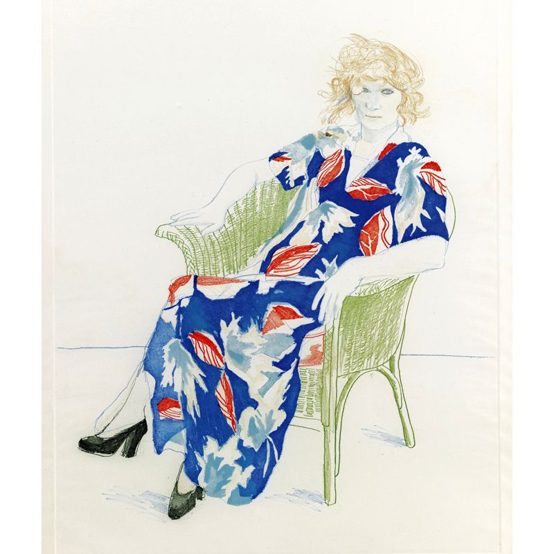 Hockney Woman Portrait Mural Decal in Red-Blue Artistry Wall Decoration for Bedroom