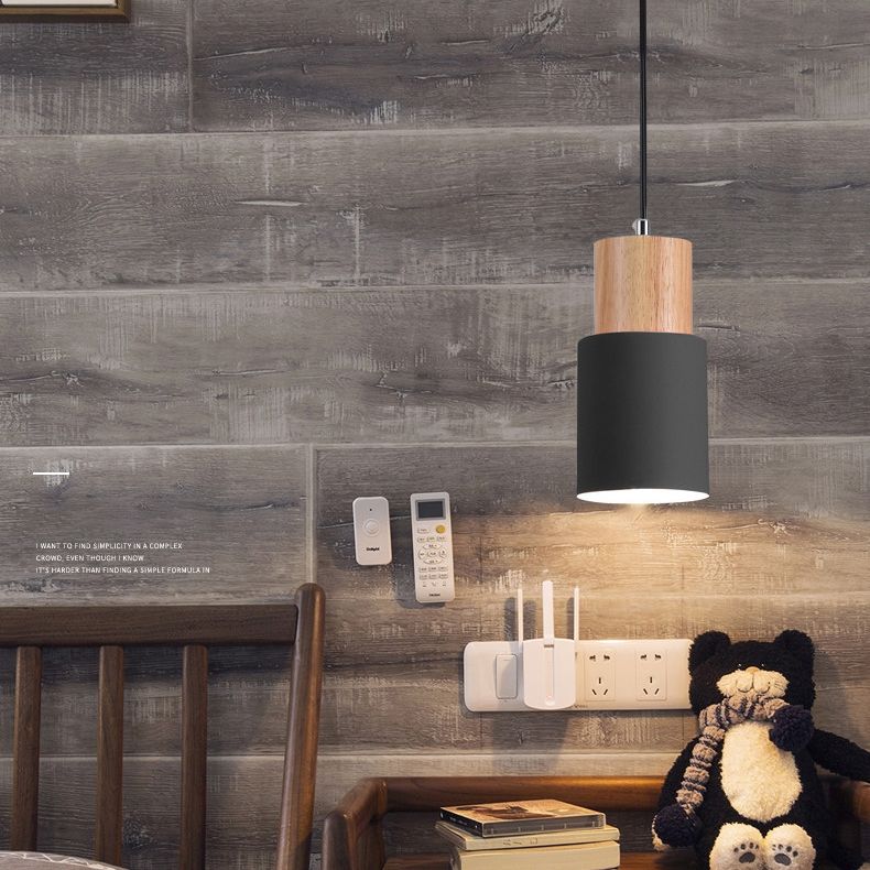 Modern Concise Single Pendant Light Wooden Cylindroid Macaron Hanging Lamp with Wrought Iron Shade