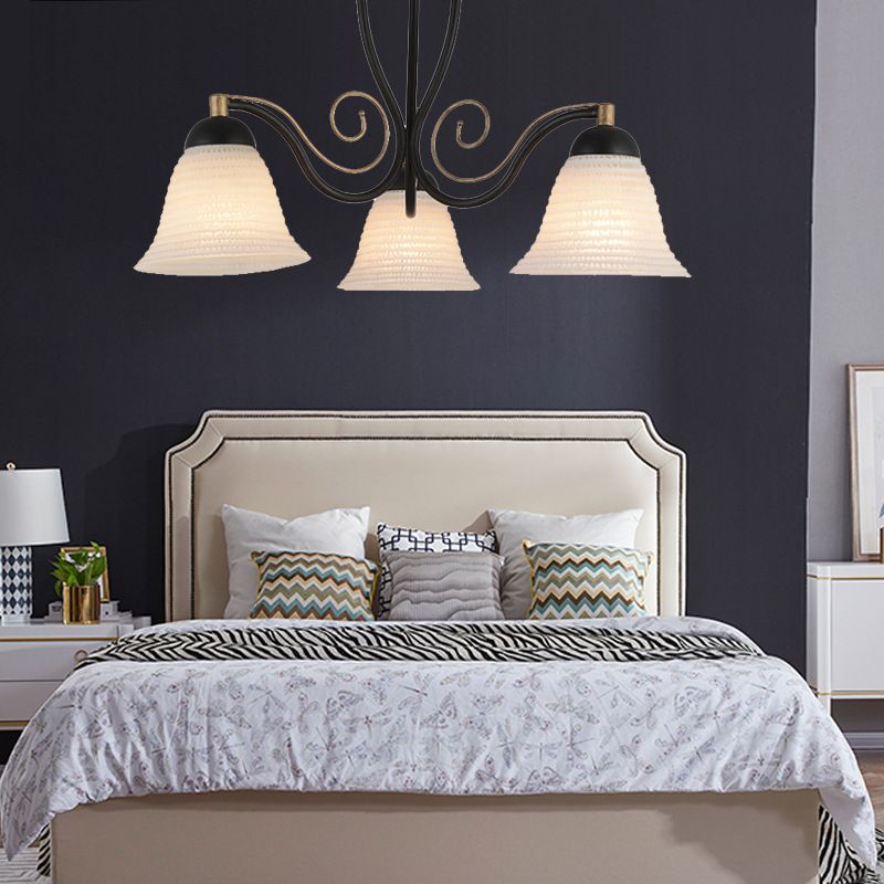 Sala de estar Bell Semi Monte Iluminación Vaso blanco tradicional 3 luces Luz de techo negro