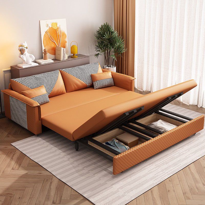 Modern Pillow Top Arm Sofa Bed Faux Leather Sofa with Storage