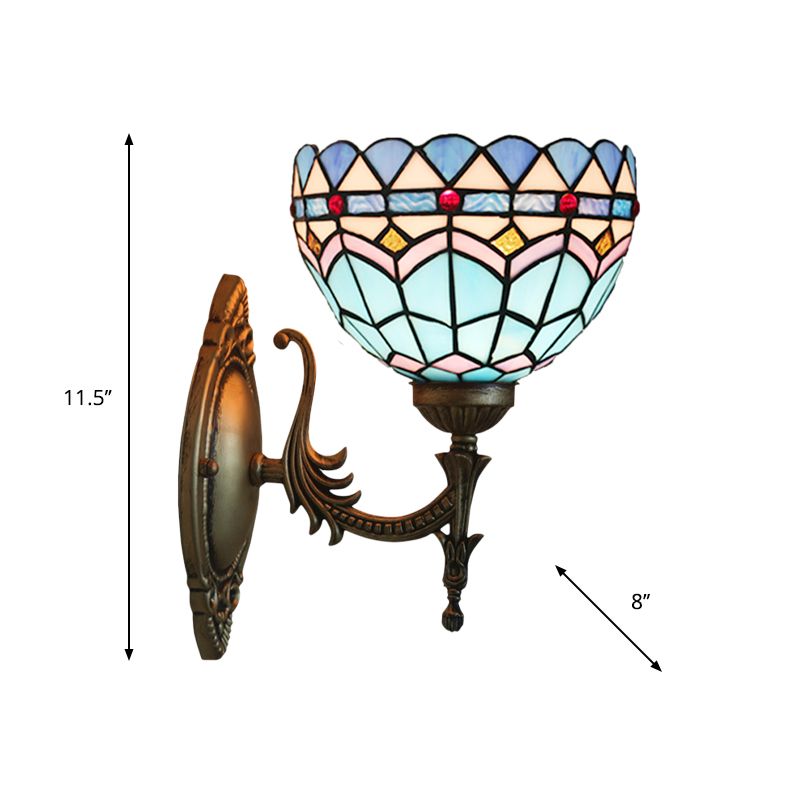 1-Light Bedroom Wall Sconce Mediterranean Bronze Wall Light Fixture with Bowl Blue Glass Shade