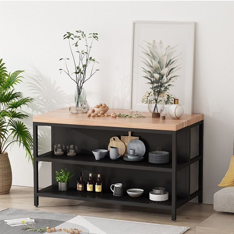 Light Wood Finish Kitchen Island Table with Metal Open Storage