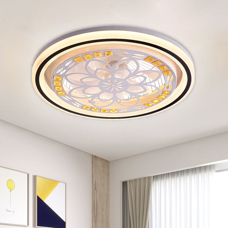 21.5' W LED Crystal Blocks Hanging Fan Lamp Contemporary White Round Dinning Room Semi Flush Light with 7 Blades