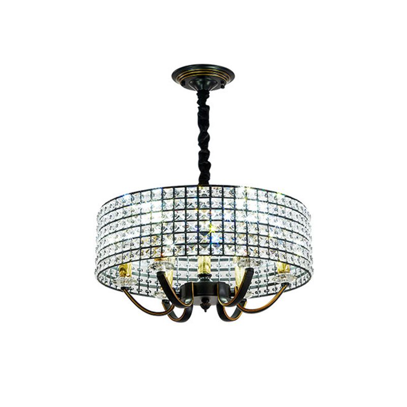 Drum Chandelier Pendant Light Minimalist Crystal-Encrusted 6-Light Dining Room Hanging Lamp in Black