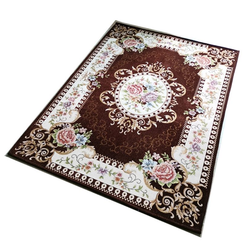 Brown Vintage Rug Polyester Flowers Area Rug Non-Slip Backing Indoor Rug for Living Room
