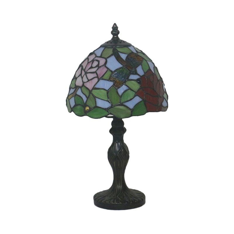 Cut Glass Rose/Lotus Night Table Lamp Baroque 1 Light Red/Pink Nightstand Lighting with Baluster for Bedroom