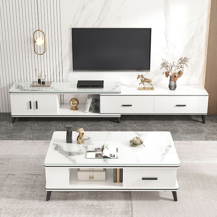 Single Coffee Table 4 Legs Rectangle Cocktail Table with Shelf and Drawer