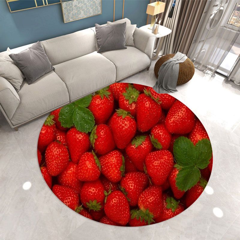 Round Strawberry Print Carpet Polyester Modern Rug Stain Resistant Indoor Carpet for Home Decoration