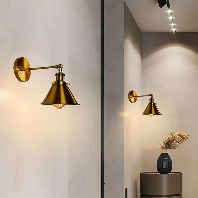 Antique Cone-Shape Swivelable Wall Light Single-Bulb Metal Wall Mount Light Fixture in Gold