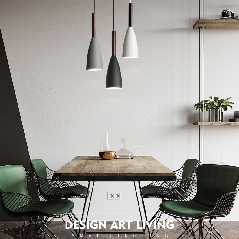 Modern Concise Macaron Pendant Light Wooden Cone Hanging Lamp with Wrought Iron Shade