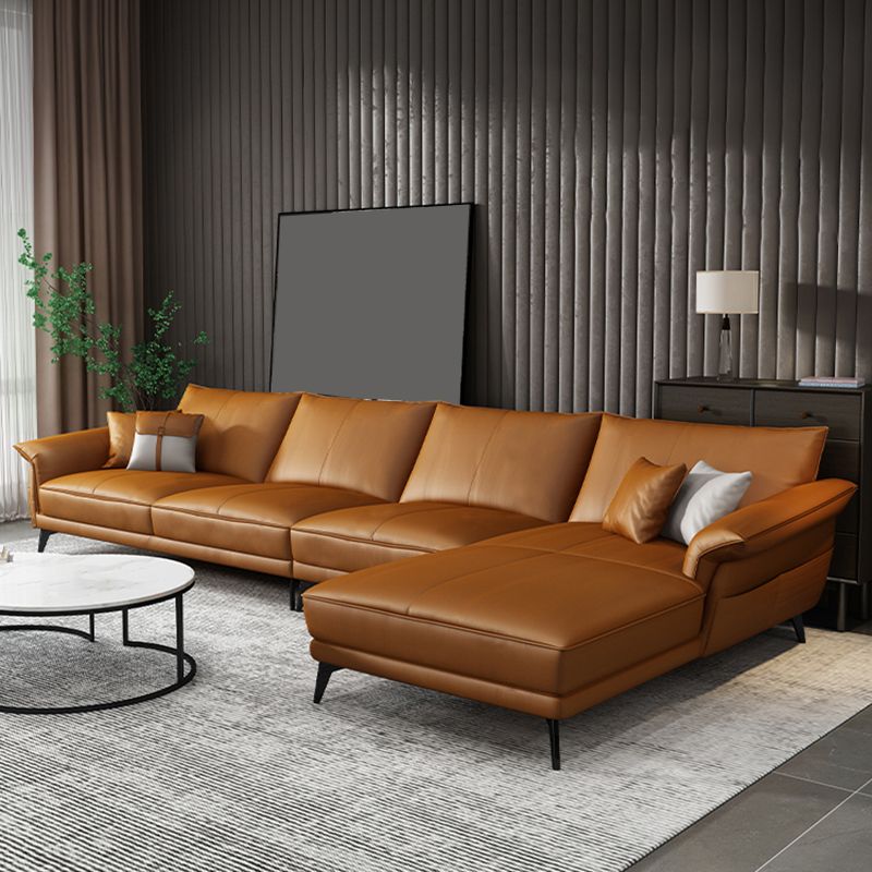 Scandinavian Orange Stain-Resistant Genuine Leather Sofa & Chaise
