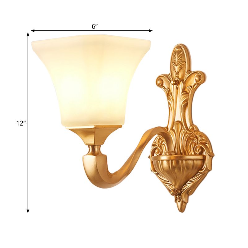 1/2-Bulb Wall Sconce Fixture Traditional Style Bell Shade Frosted Glass Wall Mount Light in Brass