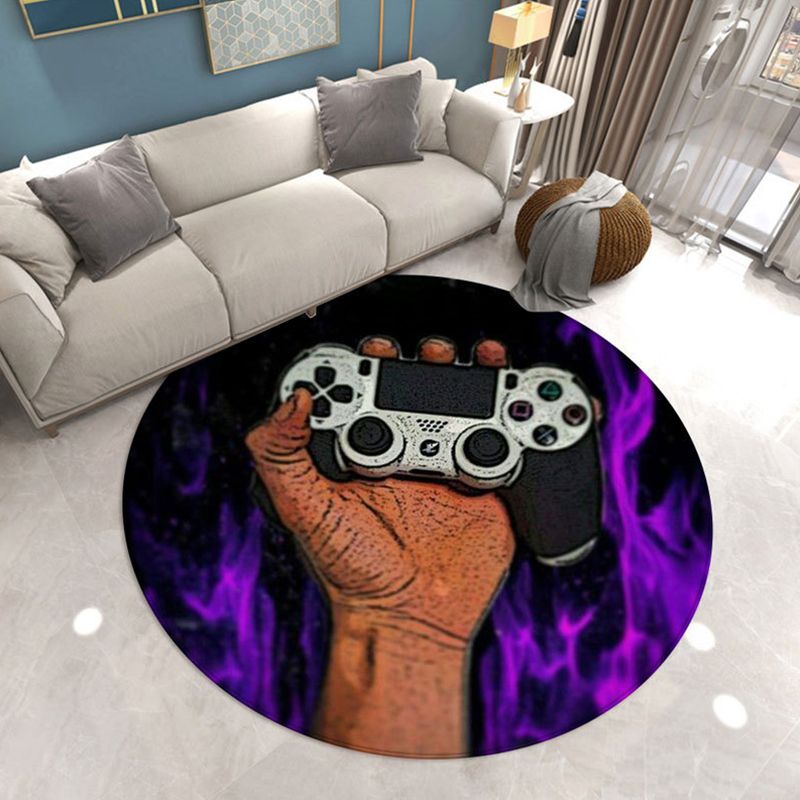 Round Game Controller Print Rug Polyester Casual Carpet Non-Slip Backing Area Rug for Living Room