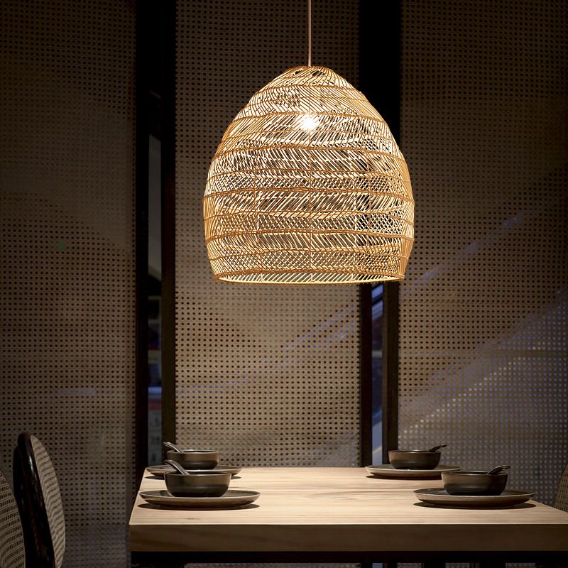 Chinese Pastoral Pendant Light Rattan 1 Head Hanging Light for Bedroom