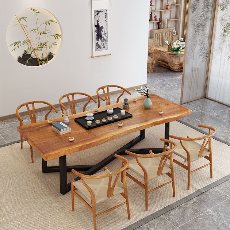 Industrial Rectangle Dining Table Pine Solid Wood Table with Black Trestle Base for Dining Room