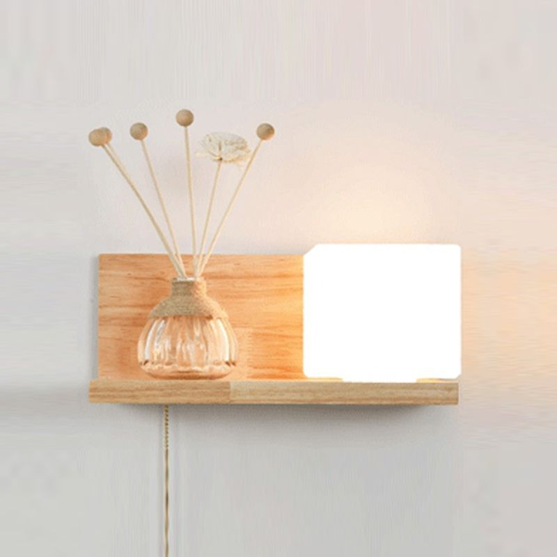 Japanese Wood Wall Light Cube 12" Wide Wall Sconce with Pull Switch for Bedroom