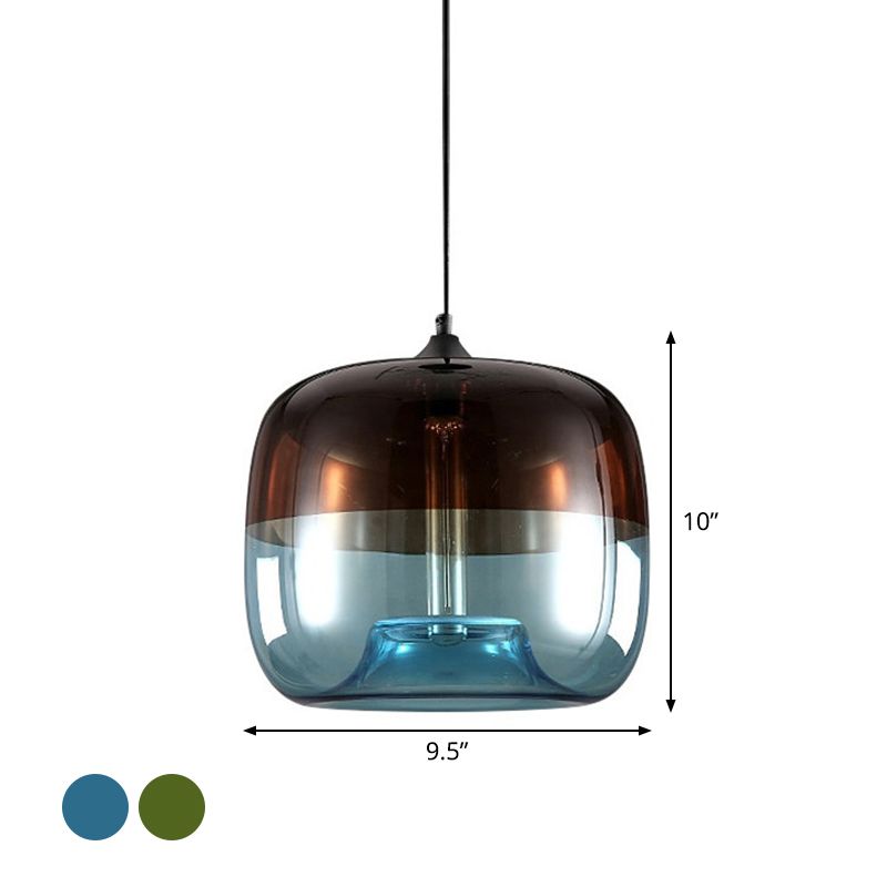 Drum Pendant Ceiling Light Postmodern Blue/Green-Brown Glass 1 Bulb Dining Room Suspension Lamp with Recessed Bottom