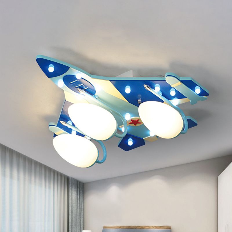 Bomber Piano Bambino Camera Soffitto Lampada Opaline Vetro 3 Teste Cartoon Flush Montaggio Illuminazione Fissaggio in Blu