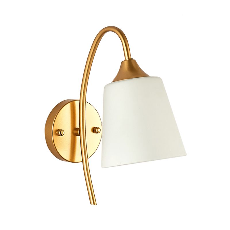 Milk Glass Tapered Sconce Contemporary 1 Bulb Wall Lighting Fixture in Gold with Metal Gooseneck Arm