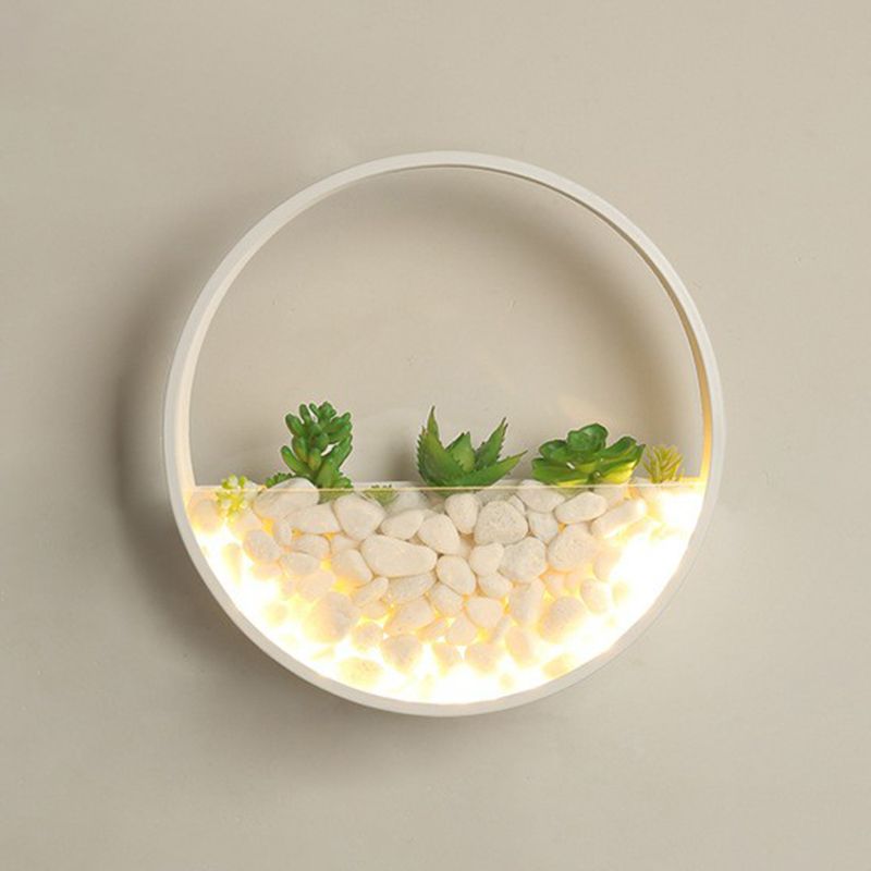 Metal Halo LED Sconce Light Art Deco Wall Mounted Light with Cobblestone and Imitation Plant