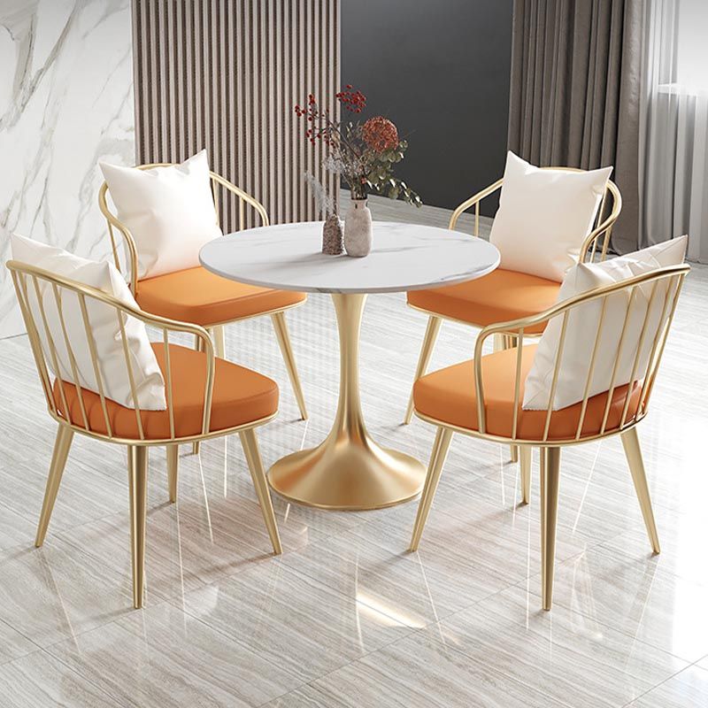 White Sintered Stone Top Table with Tulip Base Metal Traditional Luxury Round Dining Table