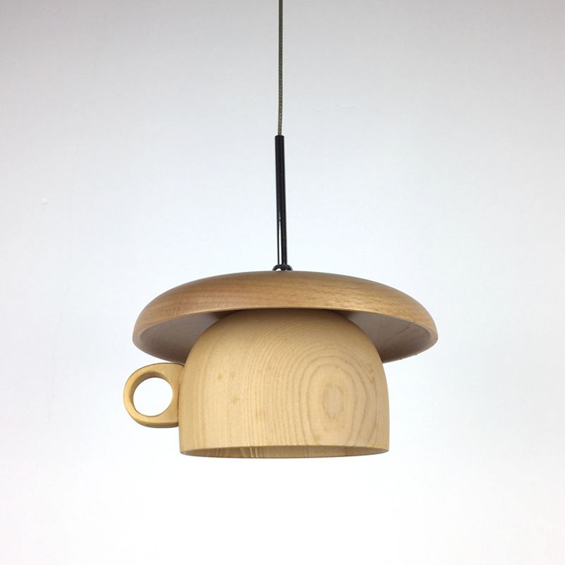 Wood Coffee-Cup Drop Pendant Light Modernist 1-Bulb LED Beige Ceiling Hang Fixture