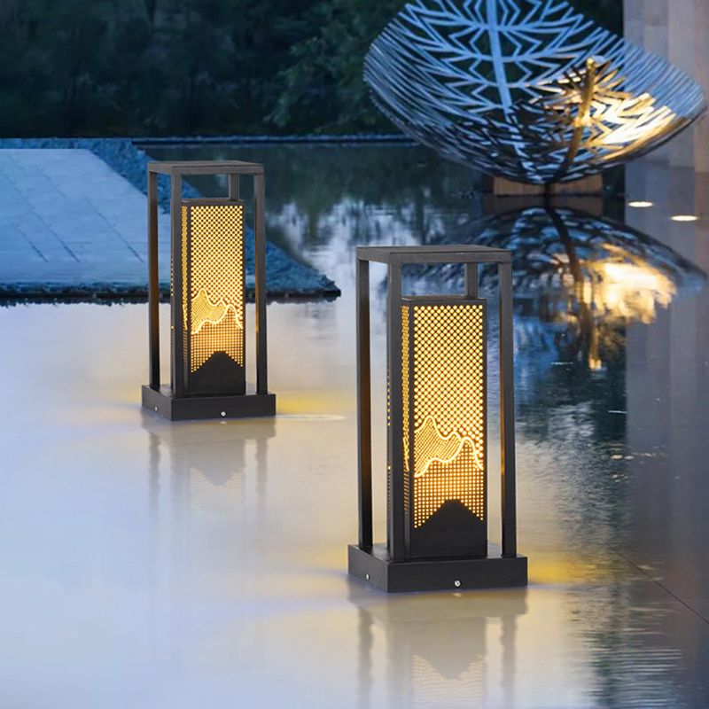 Modern Metal Pillar Lamp Rectangle Outdoor Waterproof Light in Black