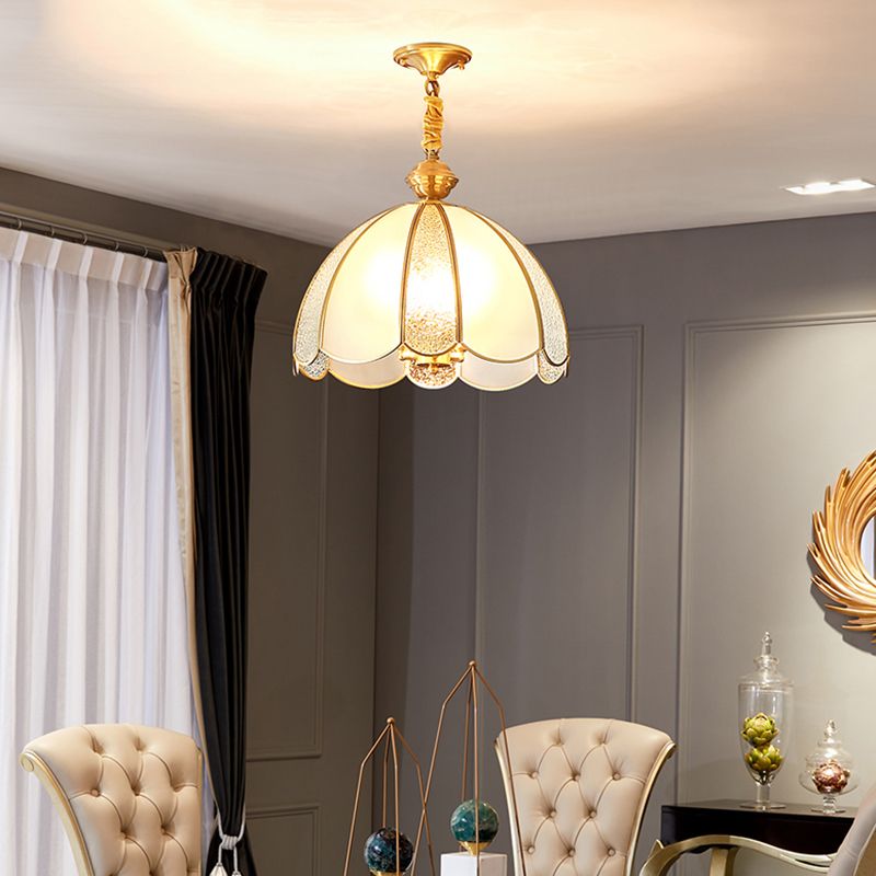 Elegant Dome Flower Shade Pendant Light Hammered Frosted Glass 1 Light Brass Hanging Light for Living Room
