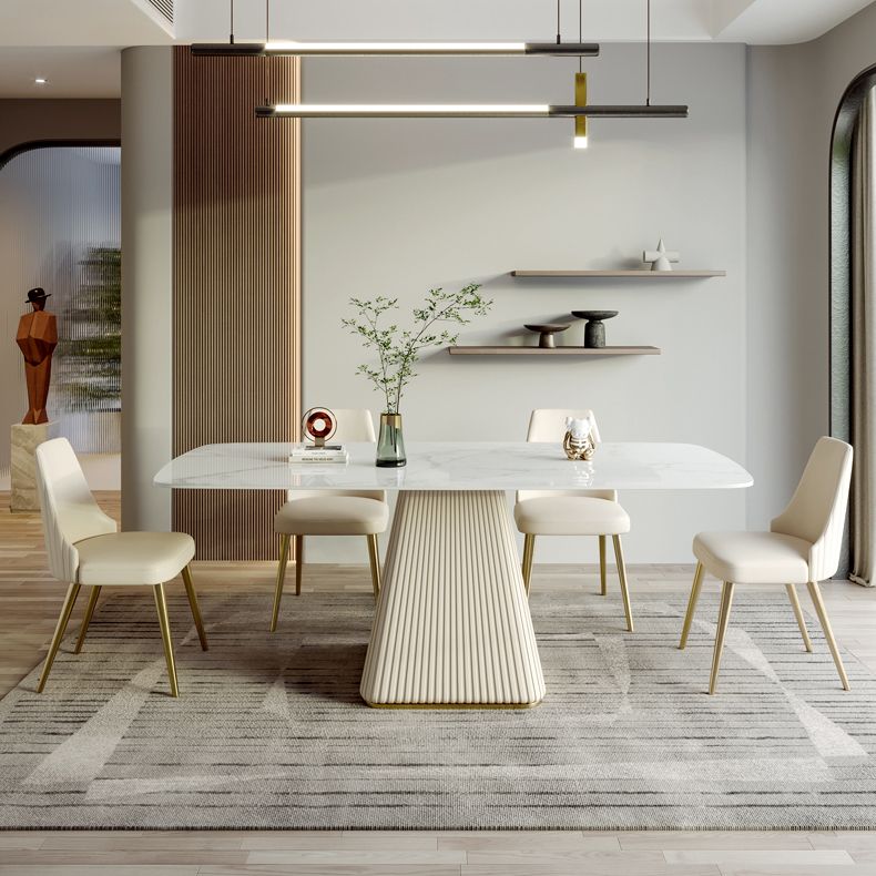 Minimalist Sintered Stone Dining Set for 4/6 Table Set of Metal Gold Base and PU Leather Chairs