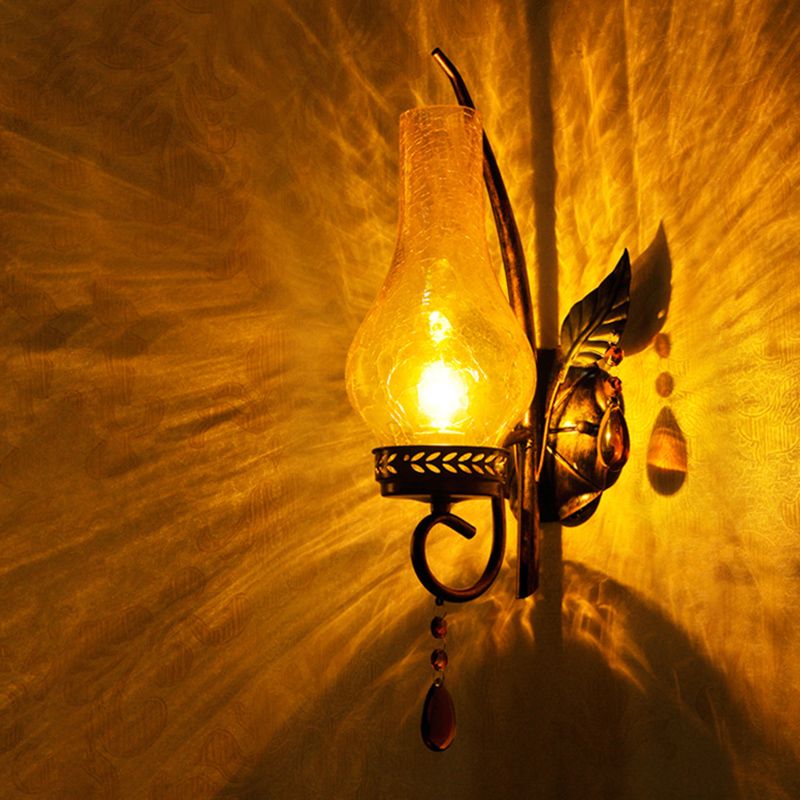 Traditional Vase Wall Mount Light Yellow Cracked Glass 1 Light Bathroom Wall Light Sconce with Orange Crystal Deco