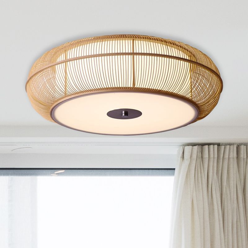 Lámpara de techo empotrada redonda de bambú, estilo asiático, 3/4 luces, accesorio de montaje en techo negro/madera para dormitorio, 18 "/22" de diámetro