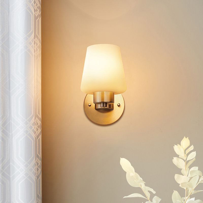 Minimalist Conic Wall Lamp Sconce 1-Bulb Cream Glass Wall Mounted Light in Brass for Dining Room