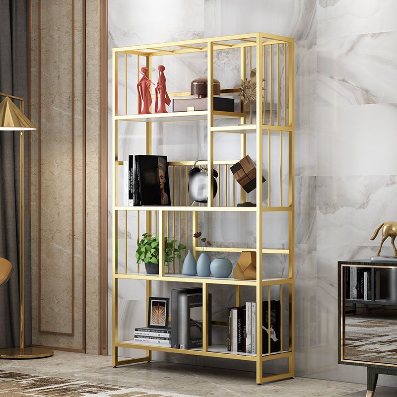 Glam Vertical Open Etagere Bookshelf Iron Frame Manufactured Wood Shelf Bookcase