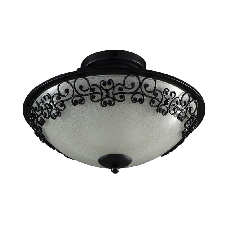 3 Bulbs Frosted Glass Semi Flush Rural Black Butterfly-Embellished Bowl Bedroom Close to Ceiling Light