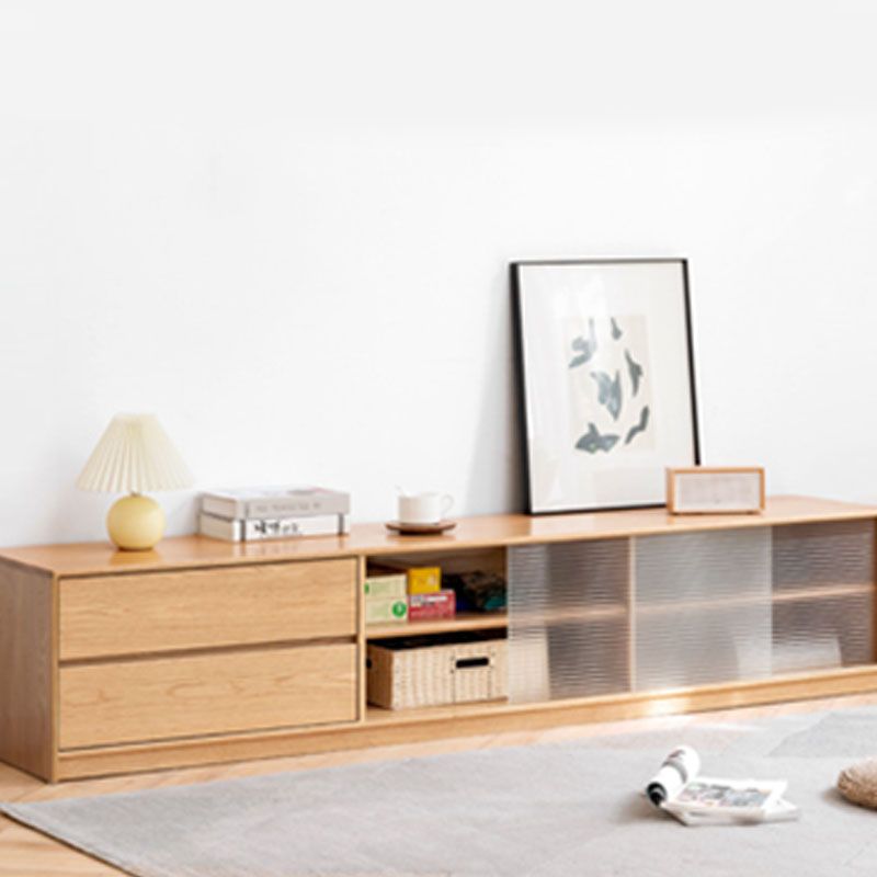 Natural Solid Wood Grooves Glass Paned Living Room Accent Cabinet with Shelves