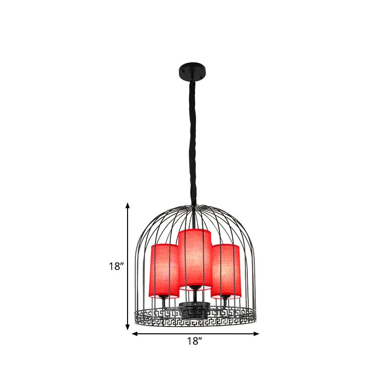Traditional Birdcage Chandelier Light Metal 3/5 Lights Restaurant Black/Gold Ceiling Lamp with Red Fabric Cylinder Shade