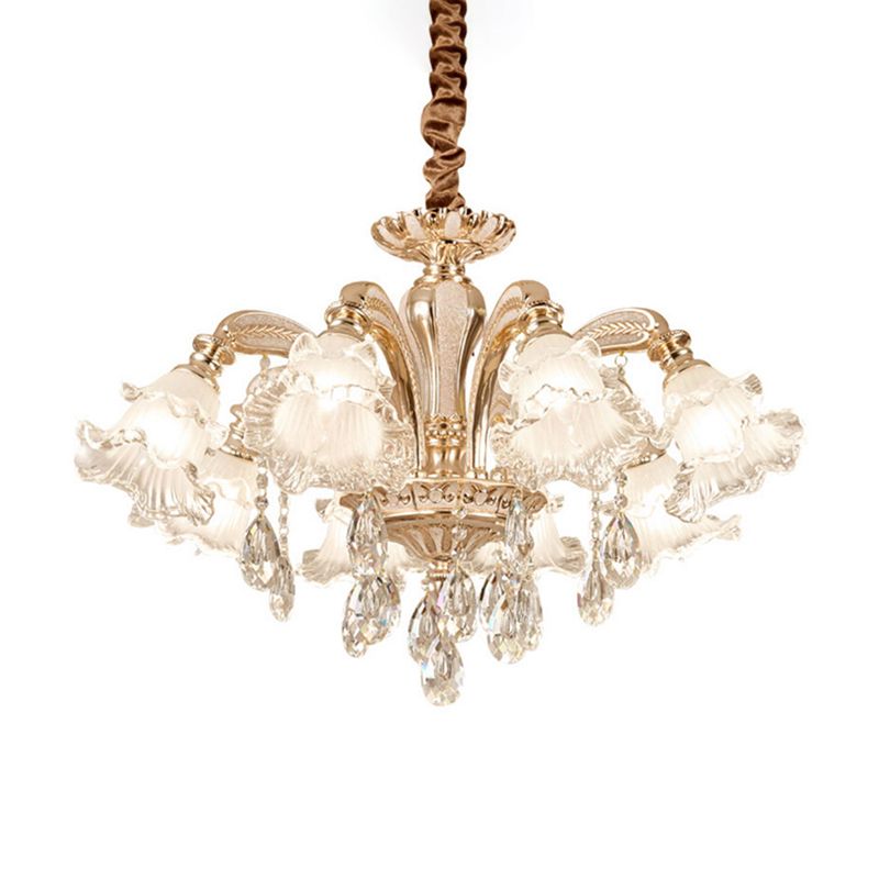 Ruffled Bell Textured Glass Chandelier Light Retro Living Room Hanging Light with Hanging Crystal in Gold