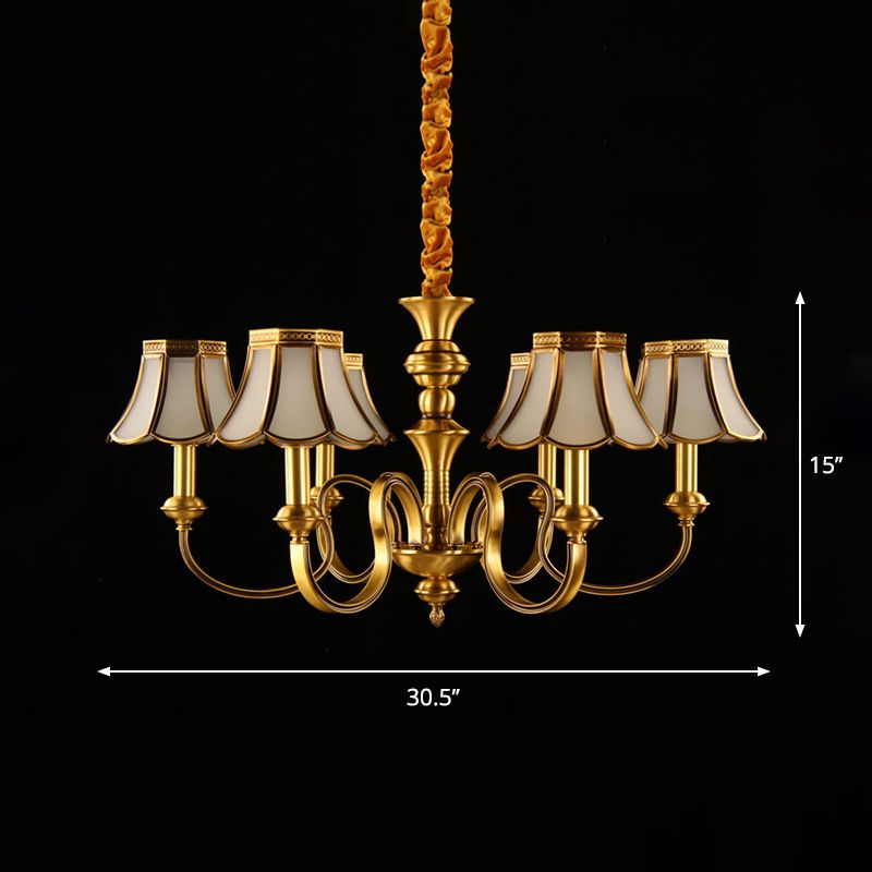 Lampada tradizionale di sospensione di fiori 6 lampadine lampadario in vetro bianco smerigliato in ottone