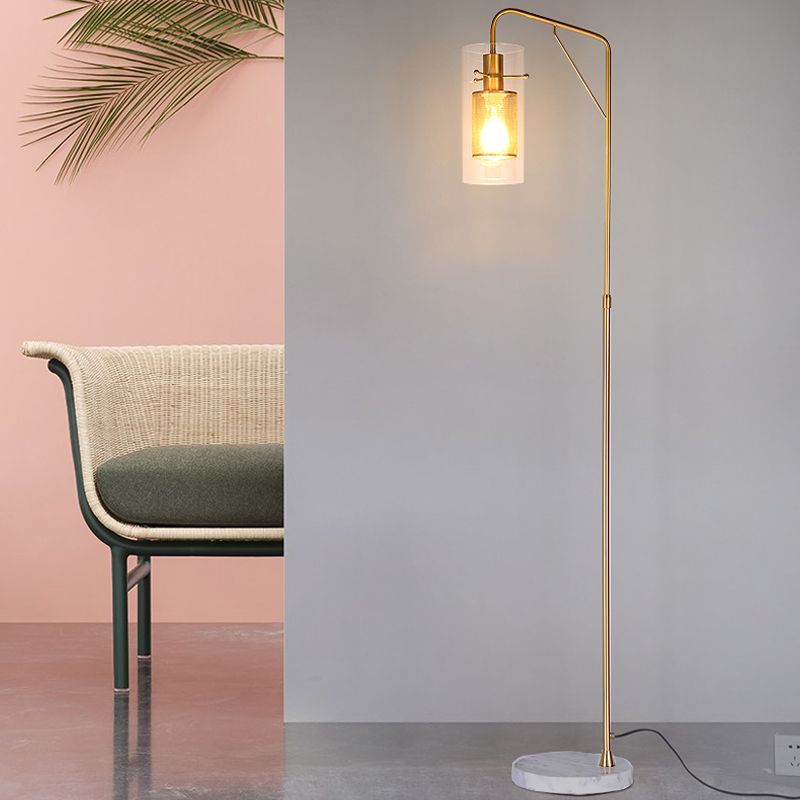 Lámpara de malla de malla de tubo de metal Postmodern 1 Lámpara de pie de oro claro con sombra de vidrio transparente