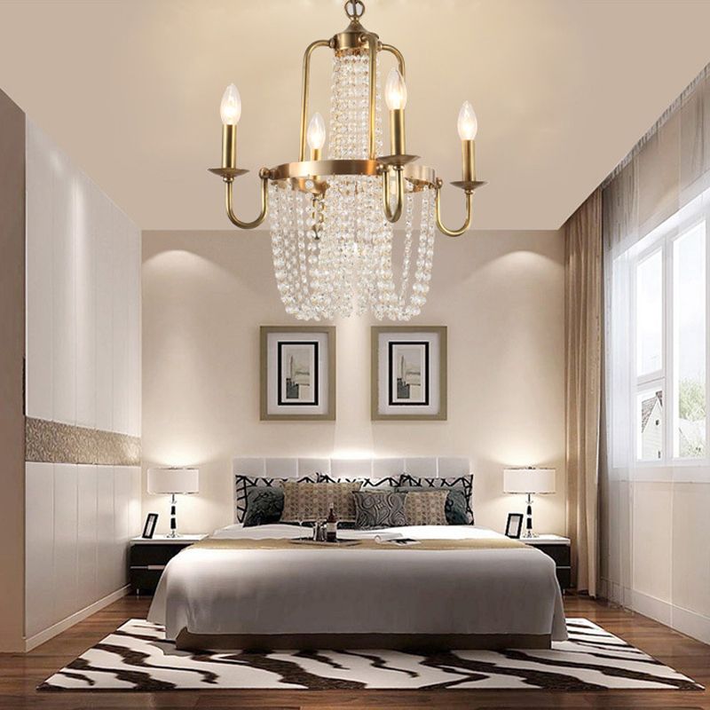 Scroll Frame Chandelier Traditional Copper 4 Lights Golden Hanging Ceiling Light with Crystal Tassel