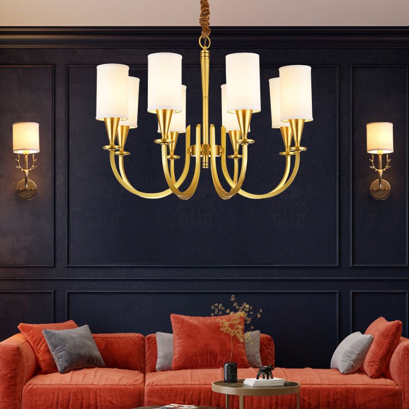 Brass American Traditional Style Chandelier Cylindrical Fabric Shade Dining Room Lighting Fixture with 19.6" Adjustable Suspension Chain