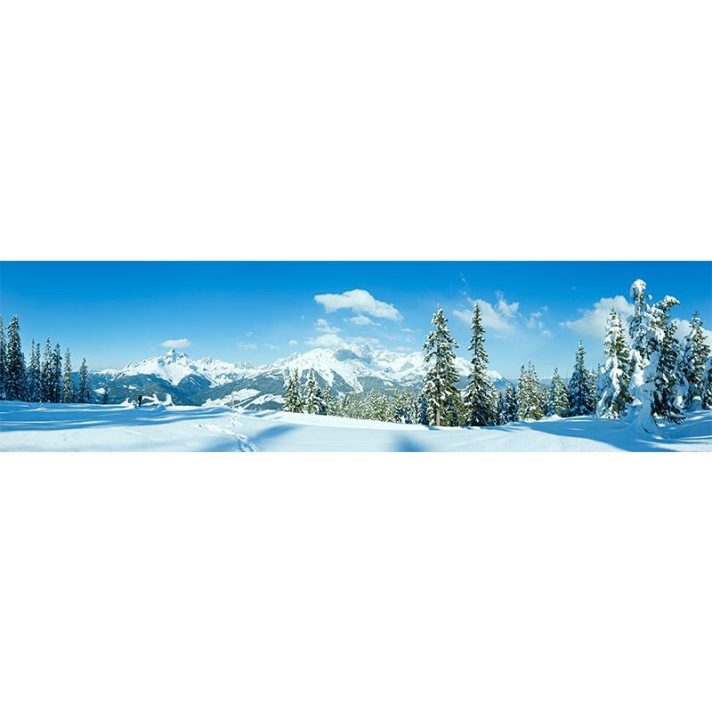 Huge Snow Scenery Mural Modern Beautiful Pine Tree and Road Wall Covering in Blue-White