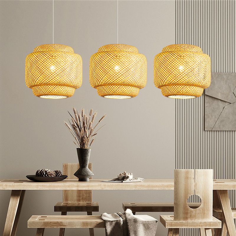Modern Lantern Ceiling Light Bamboo Single Restaurant Hanging Pendant Light in Wood