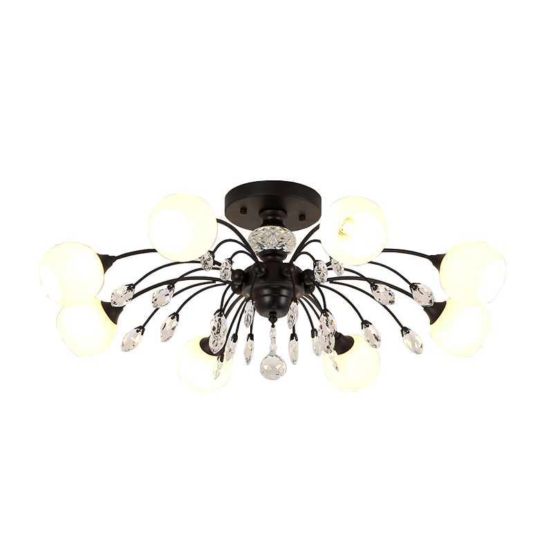 Ópalo de vidrio Sputnik Globe Semi Flush Modernismo de 8 bombas Cosco montado en el techo con cristal deco en negro