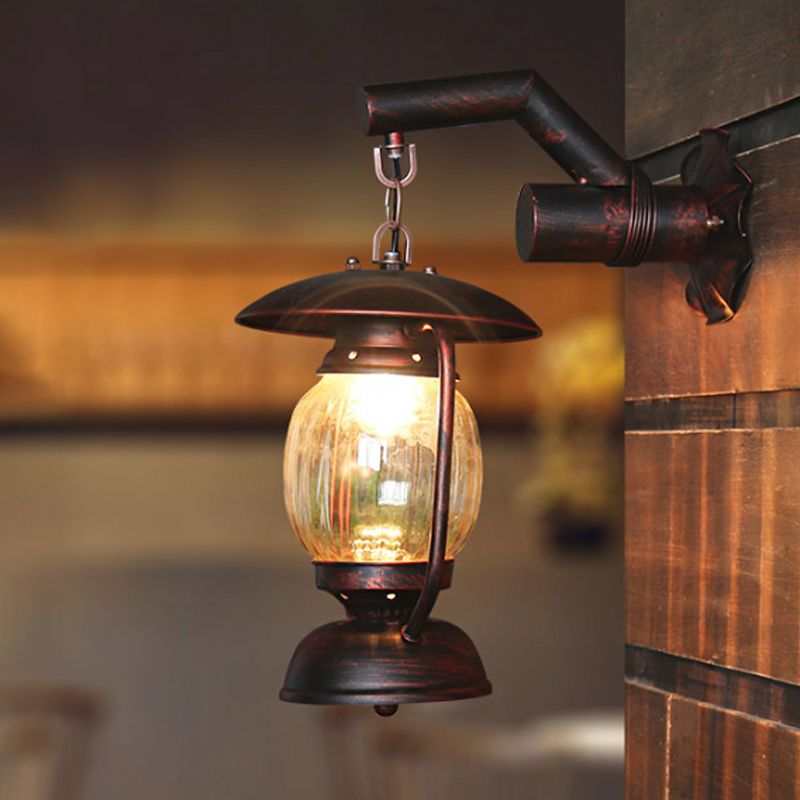 Loft Style Lantern Sconce Light Single Head Clear Fluted Glass Wall Mounted Lighting in Weathered Copper