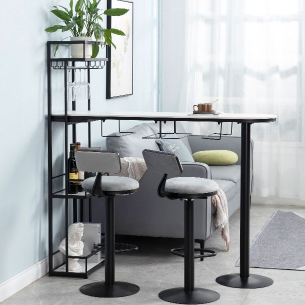 White Stone Indoor Glam Bar Dining Table Iron Double Pedestal Bistro Table with Wine Rack