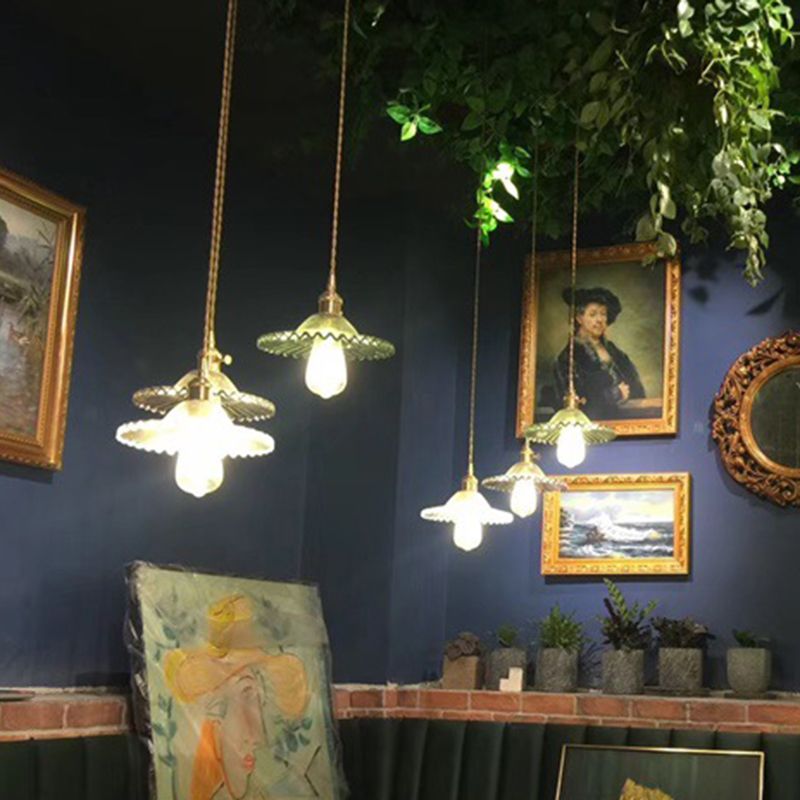 Scalloped Glass Shade Hanging Ceiling Light  Vintage Industrial 1-Light  Living Room Drop Pendant